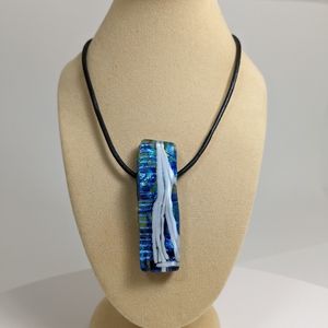 Dichroic glass pendant, gift box, black cord, blue necklace